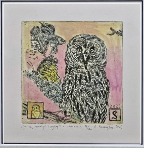 Purzycka Edyta / Sowa,motyl i ryby / grafika- akwarela /  37 x 37 