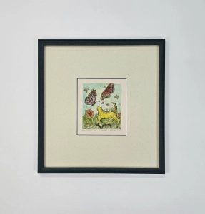 Purzycka Edyta /  Kot i motyle  / grafika - akwarela /  37 x 35